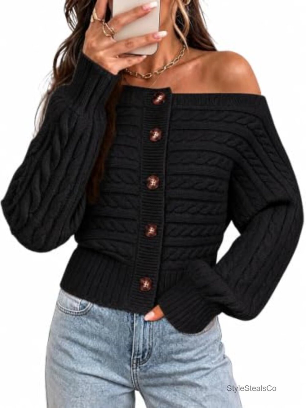 Cable Knit Off Shoulder Cardigan Long Sleeve Button Crop Sweater